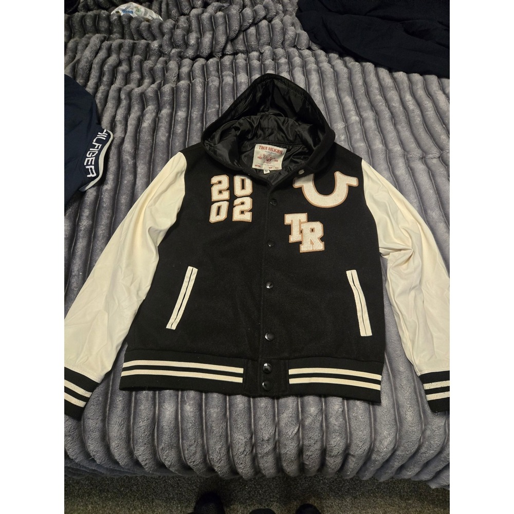 True Religion Mens Varsity Jacket Black White Hooded Letterman Bomber Size M
